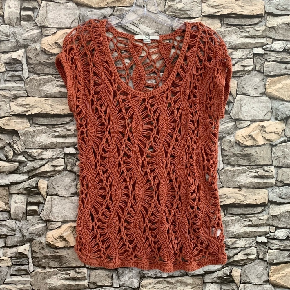 #14 Y2K Forever 21 Rust Crochet Knit Shell Cover Up Top Blouse Medium Vintage